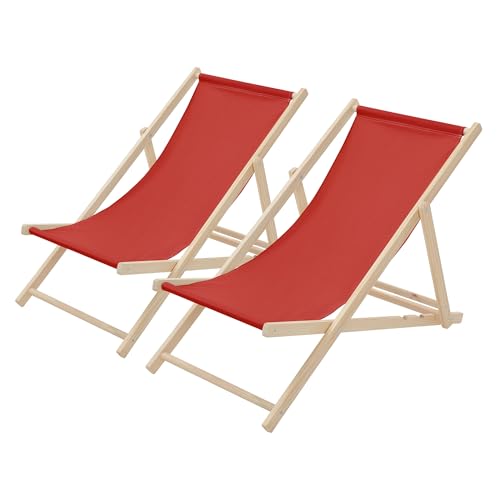 ECD Germany Lot de 2 Chaises Longues Pliantes en Bois Chiliennes, Rouge, Dossier Réglable, 3 Positions de Couchage, jusqu'à 120kg, Bain de Soleil en Tissu...