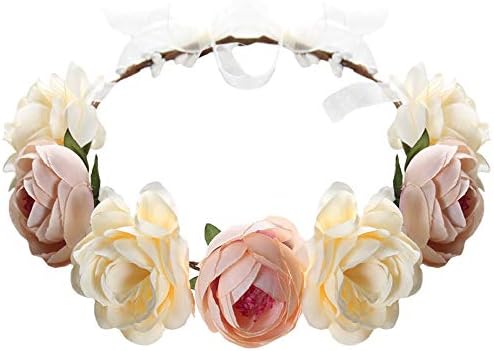 Flower Headband Rose Floral Boho Wreath Garland Hair Hoop Bohemian Headdress Headwear Headpiece Women Girls Crown Leaf Hair Bands Party Decoration Cosplay Costume Handmade Hair Accessories Champagne