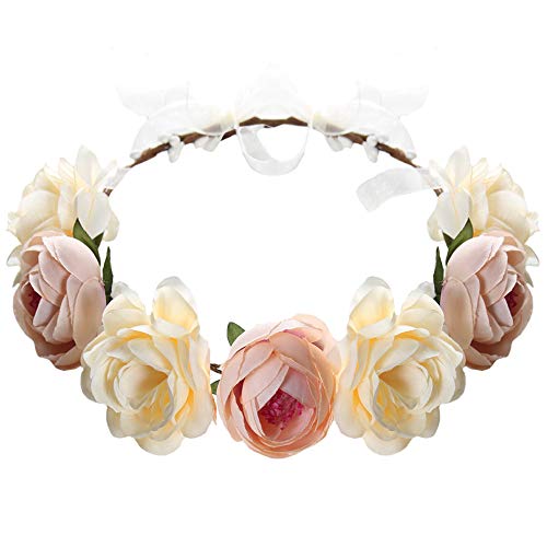 Flower Headband Rose Floral Boho Wreath Garland Hair Hoop Bohemian Headdress Headwear Headpiece Women Girls Crown Leaf Hair Bands Party Decoration Cosplay Costume Handmade Hair Accessories Champagne #TOP2