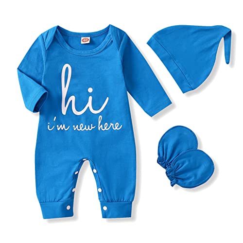 Image of GRNSHTS Newborn Baby Boy Romper Coming Home Outfits Letter Print Bodysuit Jumpsuit+Hat+Gloves 3PCS Clothes Set