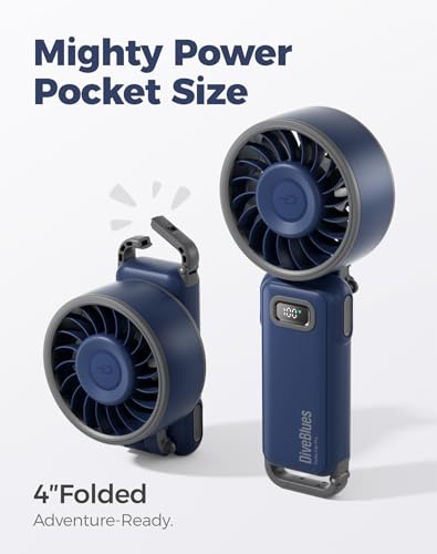 Image of Diveblues Fanzy D6036 Portable Handheld Fan, Harbor Blue | 7.4m /s High Speed Turbo, 180 Foldable 4-in-1, Integrated Carabiner Clip, 100 Speed Stepless Control