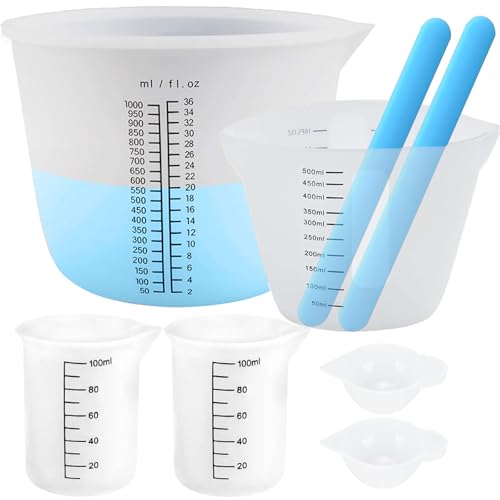 6 Stück Silikon Messbecher Set für Epoxidharz, Silikonbecher 1000ml/500ml/100ml/15ml Messbecher Krüge mit 2 Silikon Rührstäbchen für Epoxy Resin, DIY, Basteln, Labor