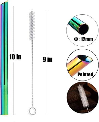 [Pointed Design] 2-Pack Boba Straws Stainless Steel Straws, 1/2" Wide Colored Reusable Metal Smoothie Straws for Bubble Tea/Tapioca Pearl, 2 Straws + 2 Cleaning Brush + 1 Case