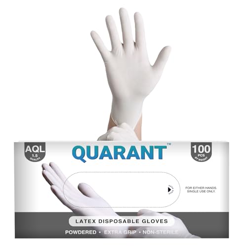 Image of QUARANT Latex Disposable Examination Hand Gloves (Medium, White, Pack of 100) 5 grams, Powdered, Extra Grip & Non-Sterile for Multipurpose Use