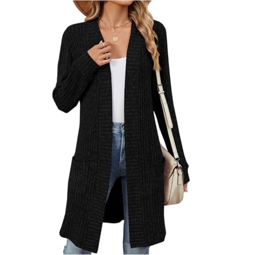 Gilet Femme Chic Et Elegant Long Cardigan Grande Taille Hiver Mi Saison Veste Coton Manches Longues Pull Chaud Femme Col en V Pas Cher Gilet Blouson Vêtements(Noir,XXL)