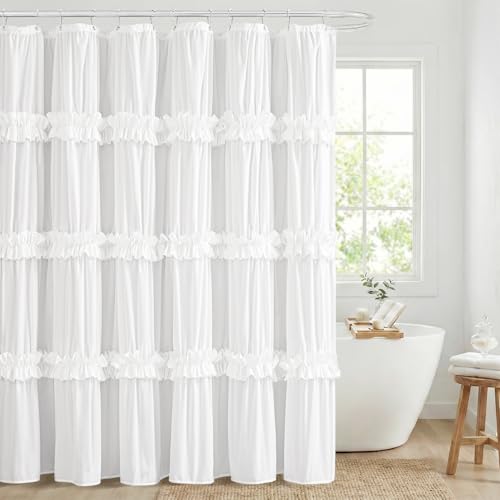 Seasonwood White Shower Curtain Elegant Ruffle Shower Curtain with Ruched & Bow Vintage Farmhouse Shower Curtains for Bathroom Boho Bathroom Decor(White 72x72 Inches)