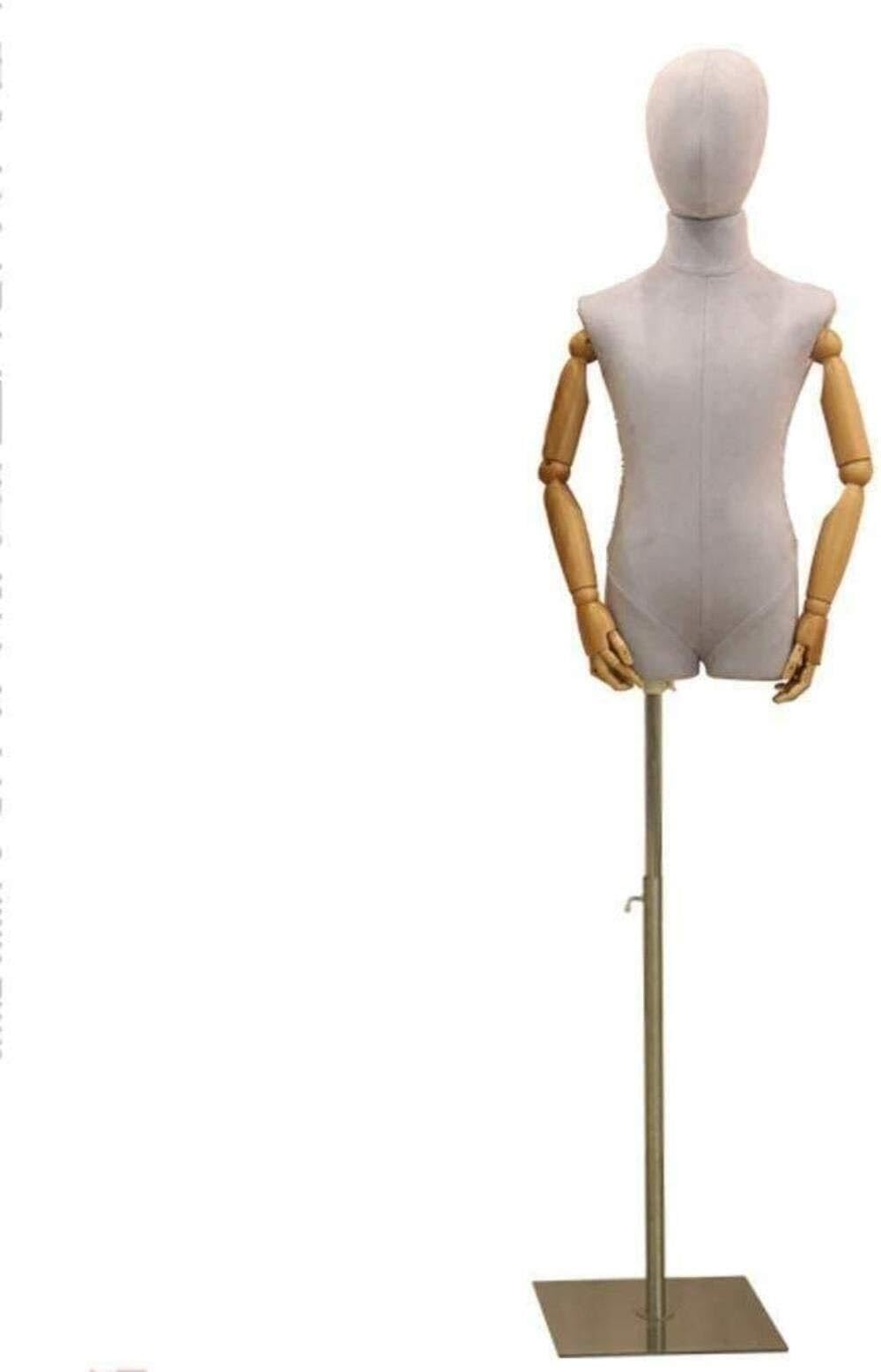Child Mannequin Dress Form with Adjustable Wood Arms & Suede Body, Cast Iron Base for Clothing Display(Type A,Medium)