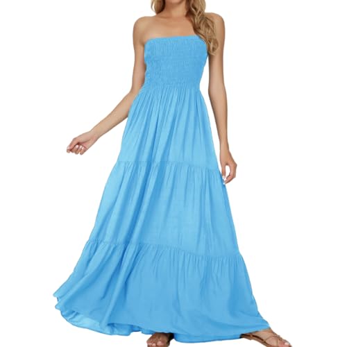 Timathous Damen Off Shoulder Sommerkleid trägerlos Strand Bohemien Maxikleid Lange Röhre Kleid, hellblau, XL