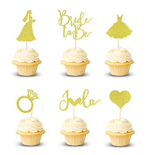 Arthsdite 24Pcs Bride To Be Cupcake Toppers With Heart Ring Dress I Do Bridal Shower Cupcake Picks Wedding Engagement Bachelorette Party Cake Decorations Supplies - Gold Glitter #TOP21