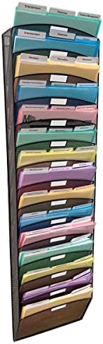 Ultimate Office Mesh Wall File Organizer, 15 Tier Vertical Mount Hanging File Sorter. Multipurpose Display Rack Includes 18, 3rd Cut PocketFile Clear Document Folder Project Pockets (Black)