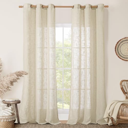 Image of LAMIT Beige Linen Curtains 84 Inch for Living Room 2 Panels, Linen Textured Light Filtering Semi Sheer Bronze Grommet Farmhouse Curtain Panels for Bedroom /Farmhouse, 34 x 84 Inch