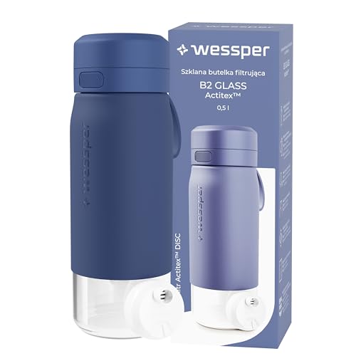 Wessper Gourde Filtrante, 500 ml, Gourde en Verre Borosilicaté, avec FIltre Actitex DISC, Compteur de Femplacement du filtre a eau Intégré, Réduit le Chlore, BPA FREE - Bleu
