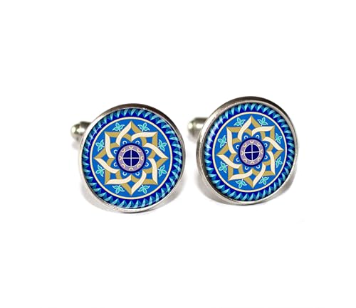 Chakra Flower Blue Pattern - Handmade ROUND Glass Metal Cuff LInks Cufflinks Gift for Him Dad (Stainless Steel)