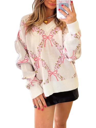 Women Bow Print Pullover Sweaters Crewneck Loose Fit Casual Knit Tops Aesthetic Print Going Out Streetwear
