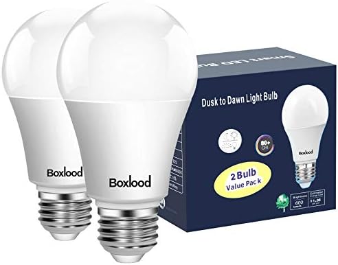 Boxlood Dusk to Dawn LED Light Bulbs, Built in Light Sensor, Plug and Play, 9W 6000K Cool White, 60W Halogen Equivalent, A19 E26 Base, AC100V-240V, Auto On/Off Indoor Outdoor Lighting Bulb (2 Pack)