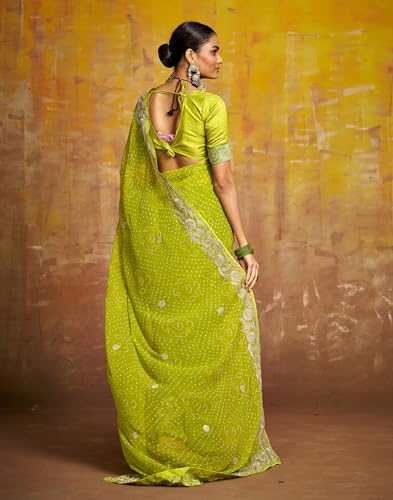 Image of SIRIL Women's Bandhani Printed Georgette Sequence Lace Scalloped Border Saree with Unstitched Blouse Piece