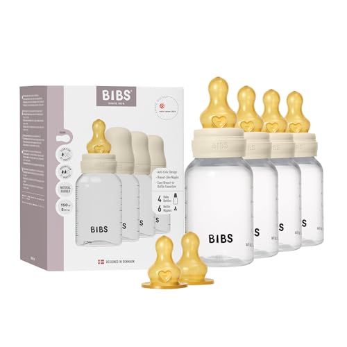 Image of BIBS Baby Bottle 150 ml Latex Nipple 4 Pack - Anti-Colic, BPA-Free, Round Nipple, Lightweight & Easy to Clean, Suitable for Newborns 0+ Years, 4-Pack + 2 Extra Nipples - Ivory
