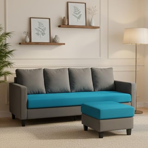 Image of Furny Auray 4 Seater Fabric Sofa Set with Ottoman (Aqua Blue-Dark Grey)