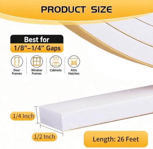 26Ft White Weather Stripping Door Seal - 1/2" x 1/4" Door Seal Strip for Door Frame, High Density Foam Insulation Tape, Self Adhesive, Soundproof Gap Filler for Doors, Windows, Sliding & AC Units - 3