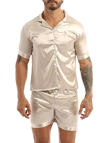 TTAO Conjunto de pijama corto para hombre, de satén, de dos piezas, camiseta de manga corta y pantalones cortos, ropa de dormir, champán, 3XL
