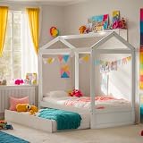 LostCat Twin Size House Bed with Trundle, Solid Pine Wood Twin Bed Frame with Roof Design, Montessori Bed Frame with Trundle Bed Twin kids Bed Frame for Kids, Girls and Boys, No Box Spring Need, White