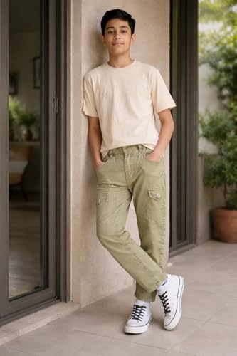 Image of Boys Cargo Pants, Kids Cargo Jeans with Pockets, Adjustable Waist, Stretch Denim Casual Pants for Boys