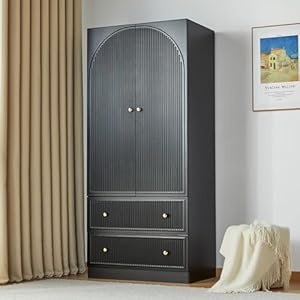 ORRD Black Freestanding Armoire Wardrobe Closet with 2 Doors and 2 Storage Drawers Large Capacity Wardrobe Cabinet Wooden Closet for Bedroom