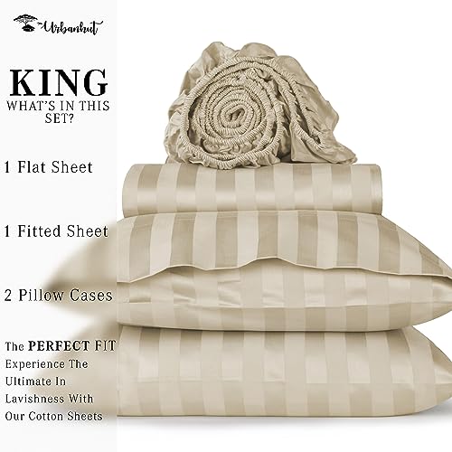 URBANHUT 800 Thread Count Egyptian Cotton Damask Striped King Size Sheets Set (4 Pc) - Ultra Soft & Smooth, Sateen Weave King Size Sheets, Luxury Hotel Sheets with 16" Deep Pocket - Ivory