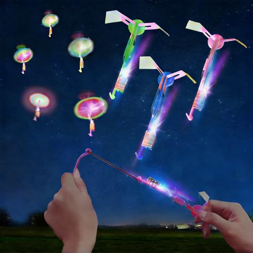 Revanak LED Flying Set, 25 Slingshot+25 Glow Helicopter-50 Pcs, Flying Toy Outdoor Toy Glow in The Dark Party Supplies Party Favors Bulk for Kids 8-12,4-8 Summer Camping Outdoor Game