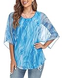 SeSe Code Blouses for Women Fashion Double-Layered Tunic Tops with 3/4 Sleeves Mesh Top Women Tunics Long Sleeve Shirts for Women Clothes Blue XXL