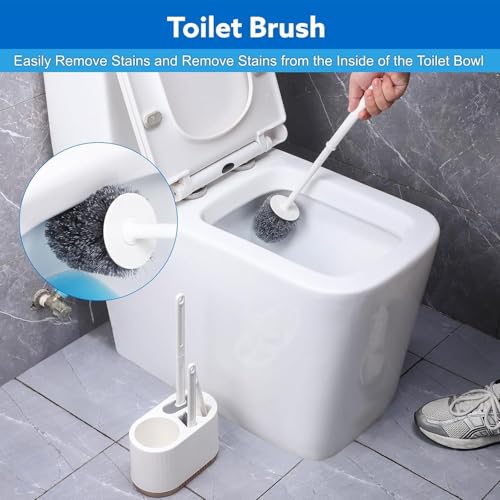 Image of 4-in-1 Silicone Toilet Brush and Holder Set with Crevice Cleaning Brush | Wall Mounted Quick Dry Bathroom Cleaning Brush | Water Drop Design (White)