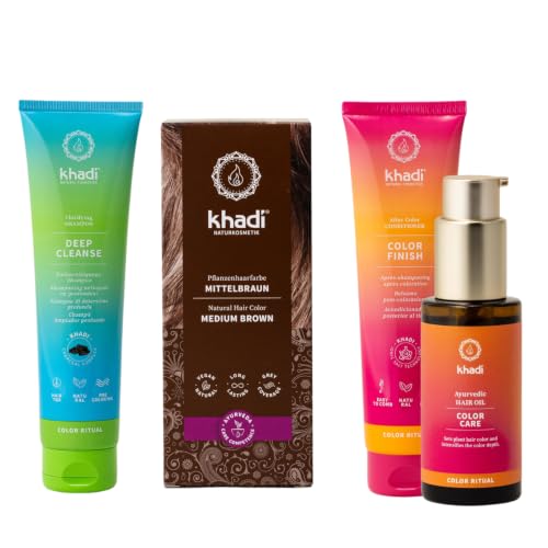 khadi ColorCycle CASTANO MEDIO Kit completo - Tinte vegetal para el cabello + DEEP CLEANSE Champú clarificante ayurvédico + COLOR FINISH Acondicionador para después del tinte + Aceite capilar COLOR CA