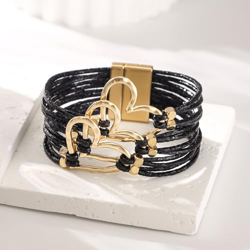 Image of Fesciory Leather Wrap Bracelets for Women, Boho Leopard Multi-Layer Crystal Beads Cuff Bracelet Jewelry