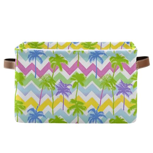MNSRUU Storage Basket Small Clear Palm Tree Collapsible Organizer Basket for Shelves with PU Handles, Decorative Waterproof Nursery Laundry Storage Cubes Bins, 1 Pack