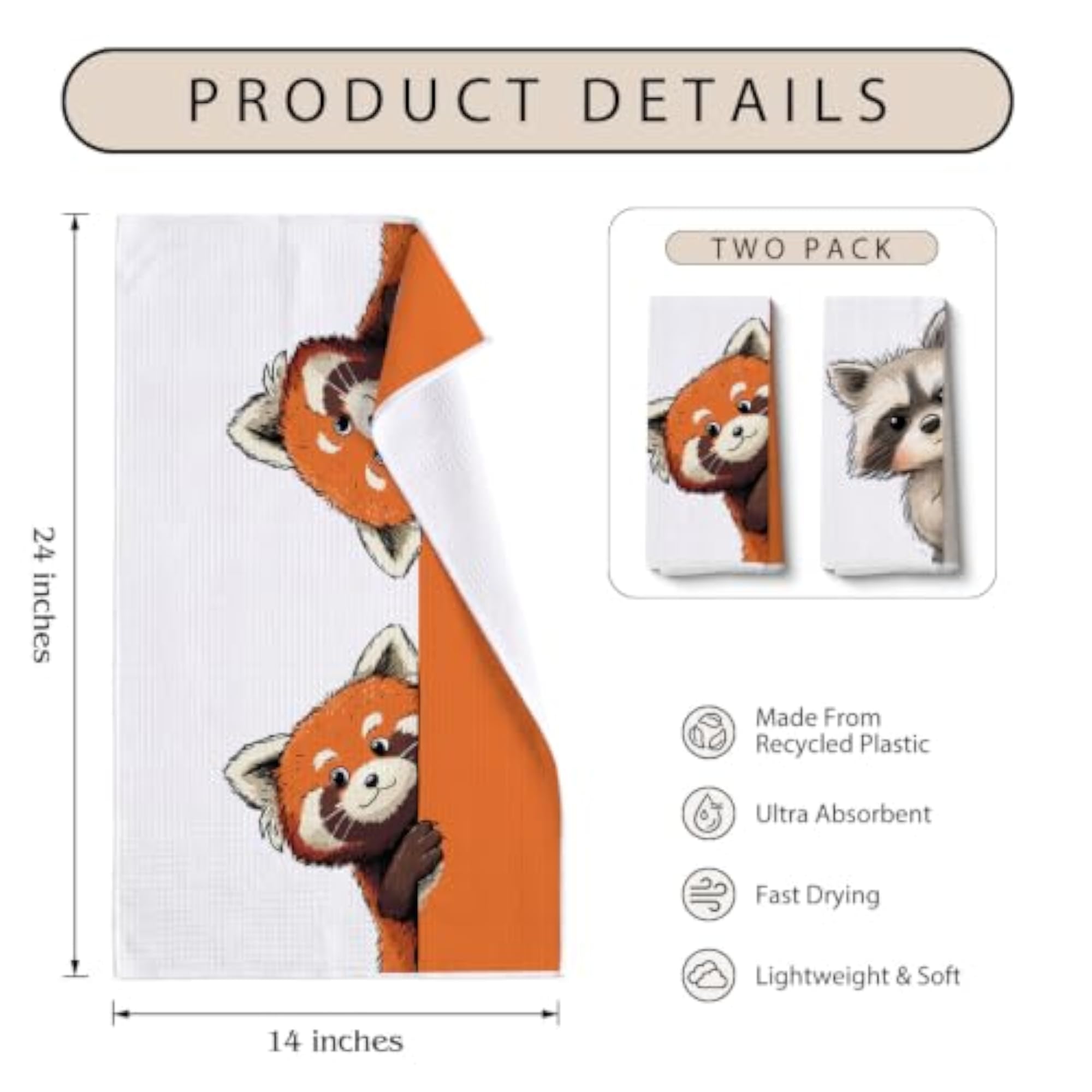 2 Pcs Cute Red Panda & Raccoon Kitchen Towels