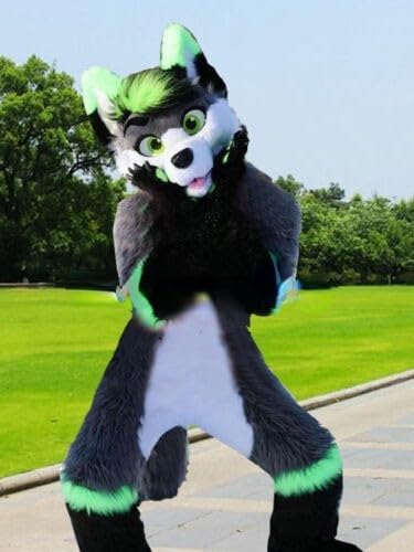 Long Furry Grey Green Husky Dog Mascot Costume Customize Cartoon