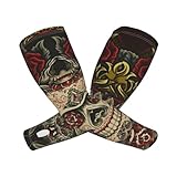 ANSGSD Tattoo Skull Rose Gardening Sleeves With Thumb Hole For Women Men, Farm Sun Protection Thorn Proof Cooling Arm Sleeves To Cover Arms For Garden Sports