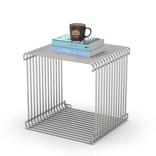 KHOXRMW Square Geometry Retro Side Table Prime-Stainless Steel Linear Metal End Table, Iron Multi-Purpose Desktop Shelf (Silver)