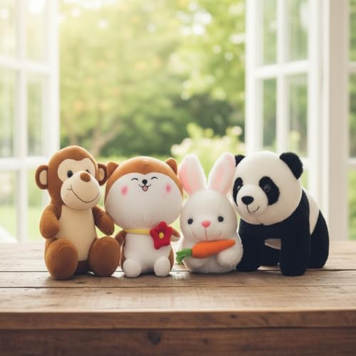 Image of Pack of 4 Elegant Soft Toys Combo Plush Stuffed Animals (Monkey-Cat-Rabbit-Panda)