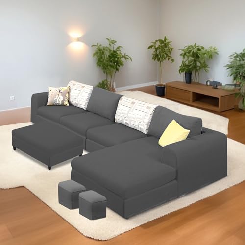 Image of Koza RHS 8 Seater L Shape Sofa Set with Center Table for Living Room (Black Fabric) Premium Fabric Sofa