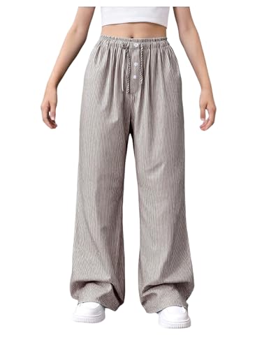 Image of SHENHE Girl's Linen Low Waisted Drawstring Button Front Loose Long Pants Casual Boho Trousers