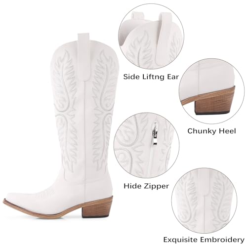 FancyQueen Cowboy Boots for Women Western Heel Cowgirl Boots Women Wide Calf Zipper Western Classic Embroidered Pointed Toe Knee High4