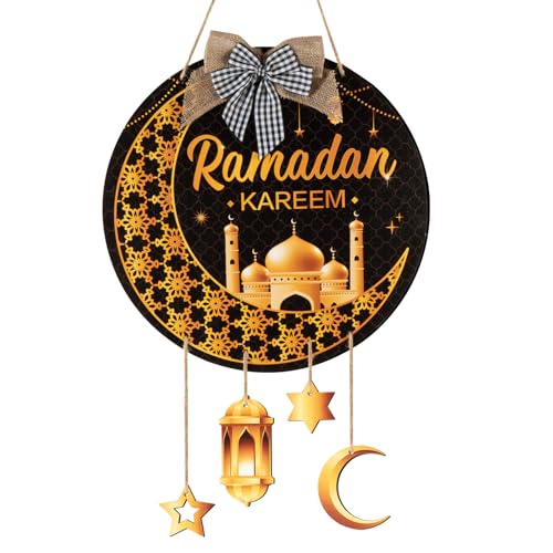 BOFUNX Corona de Ramadán para Puertas Corona Madera Adorno Decoración para Colgar de Puerta Pared Adorno Eid Mubarak para Fiesta Islámica Musulmana Ramadan 31x30cm