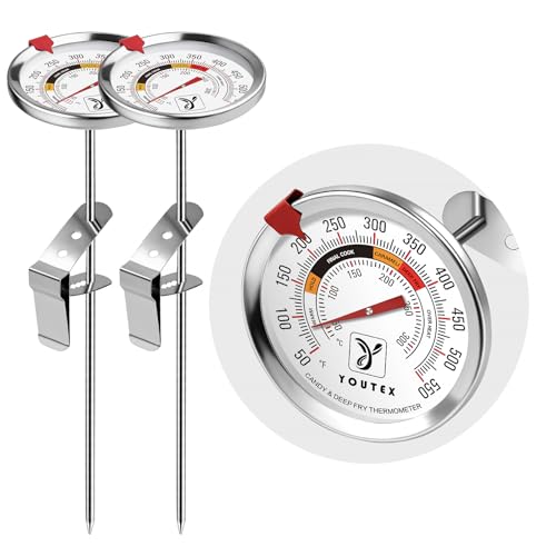 Youtex 2-Pack Candy Thermometer with Pot Clip - Oil Thermometer for Frying, Upgraded 2.5' Waterproof Dial, Tip-Resistant Clip, Temp Marker & 8' Probe for Deep Frying & Candy Making