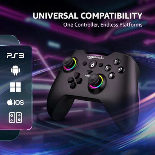 Image of Amazon Basics Pro Series Gamepad with Bluetooth and RGB | 2.4GHz & Wired Modes | Dual Vibration | 6-Axis Gyroscope | Compatible with Switch | Android | PS3 | Windows | Type-C Charging | Black