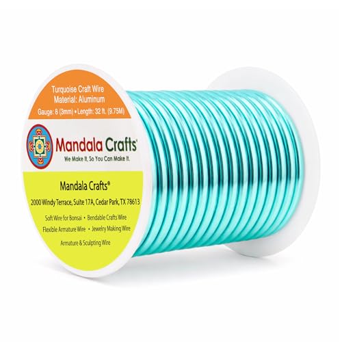 Image of Mandala Crafts 8 Gauge Anodized Aluminum Craft Wire for Jewelry Making - 32 FT Colored Flexible Turquoise Wire - Bendable for Bonsai Armature Crafting Sculpting