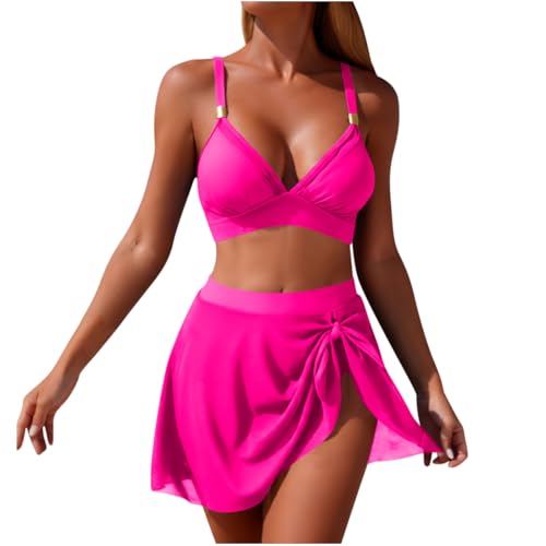 NaRHbrg Women 2026 Swimsuit Mesh Skirt Bikini Set Metal Decor Sexy Bathing Suits Two Piece Dressy Swimwear Fashion Swimsuits Hot Pink