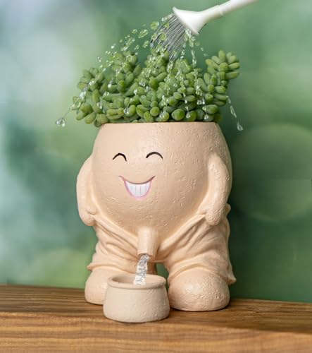 RZOIKZOI Quirky Creative Planter with Smiley Face Naughty Boy Plant Face Pot with Drainage Hole for Indoor Outdoor Christmas (Naughty Boy Khaki)