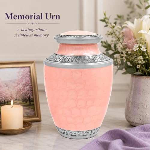 Image of ALPHA Living HOME Cremation Urn for Women Decorative Urn for Human Ashes Woman Men Large up to 220 lbs Decorative Memorial Funeral Burial Urn for Ashes Male Female Dad Mom (Pink Silver)