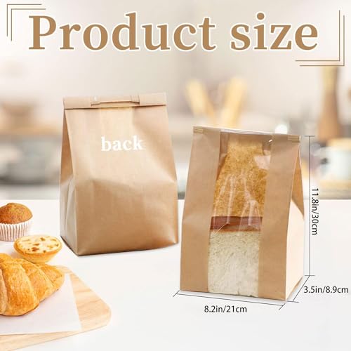 Paper Bread Bags - 60 Pack - Homemade Bread Storage Bags with Clear Window Includes Label Seal Stickers -Bakery Packaging Bags for Cookies, Bread, and Treats - Large Kraft 13.7x8.2x3.5inch Brown